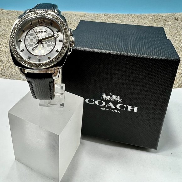 Coach Signature Boyfriend Black Leather Strap Crystal Dial Womens Watch 14501789 - Picture 1 of 9
